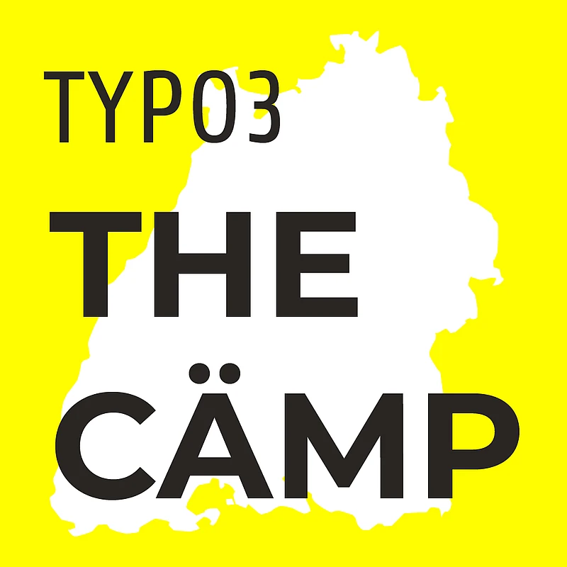 A bright yellow graphic with a white silhouette of a region. Black text reads “TYPO3 THE CÄMP”; TYPO3 is at the top left, THE in the center, and CÄMP at the bottom, with an umlaut over the A.